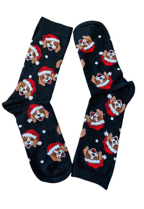 Șosete Dama – Crăciun,Imprimeu Cățeluși cu Căciulă de Moș,Engros